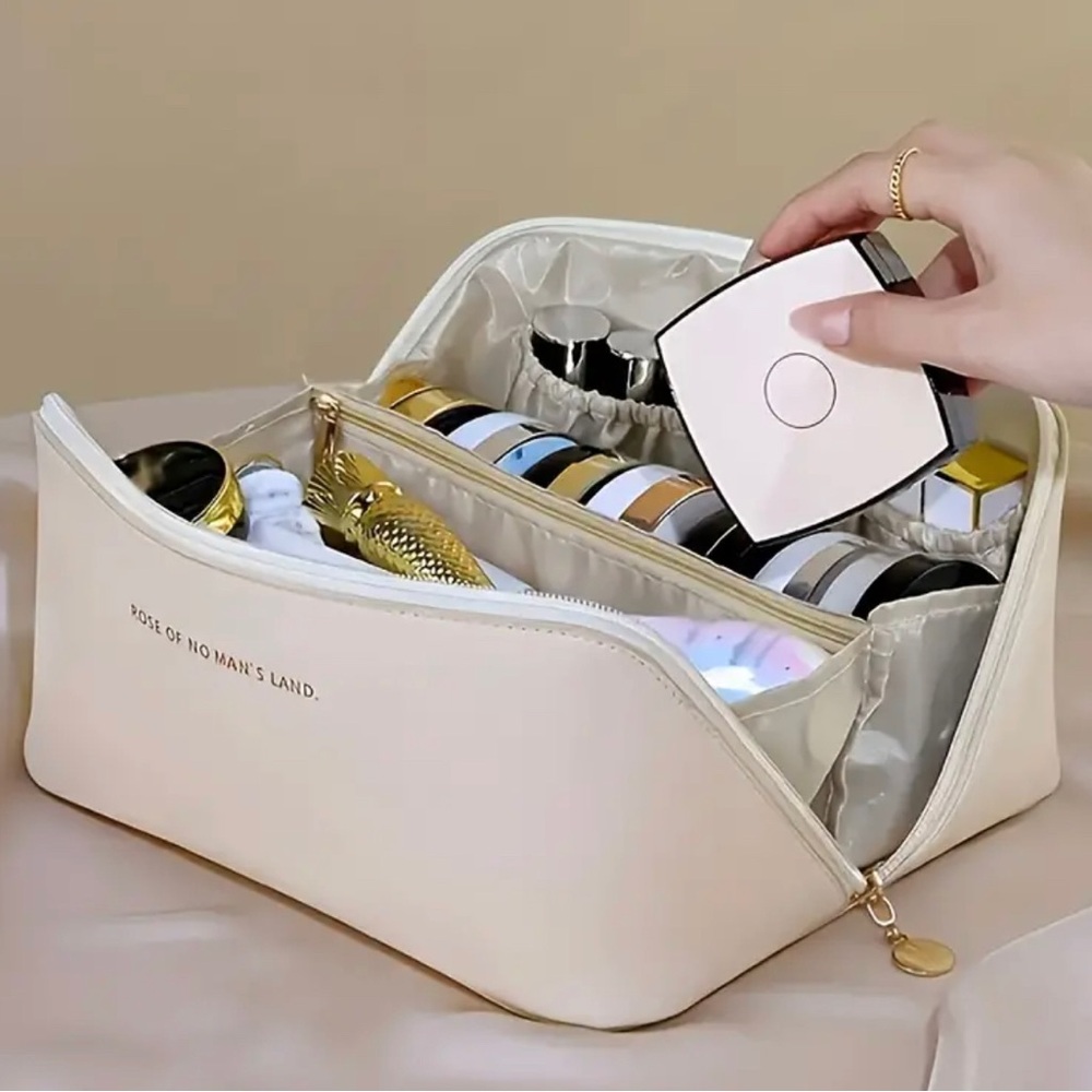 Chic Faux Leather Makeup Bag with Dividers - Spacious Travel Organizer
